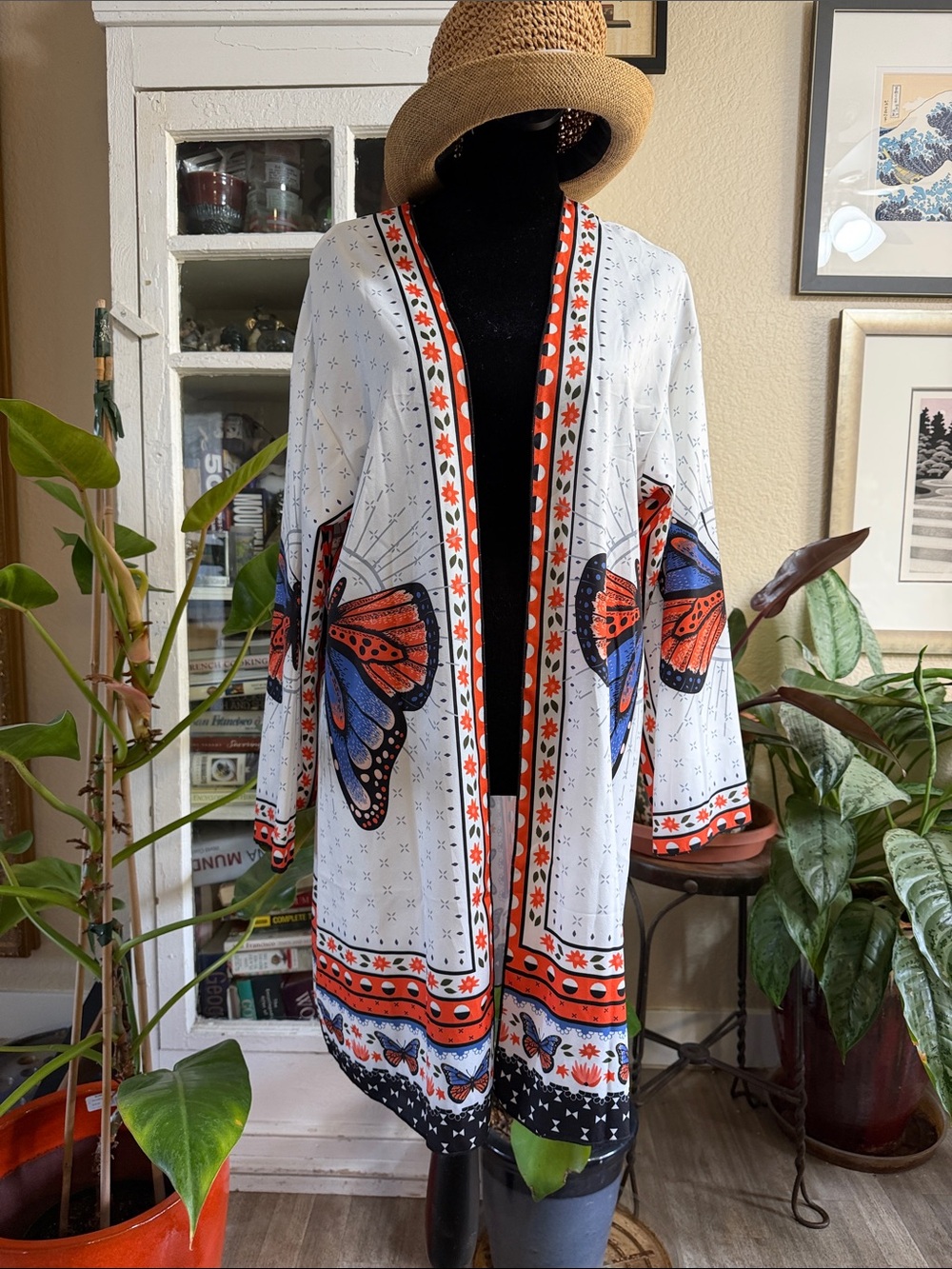 White Butterfly Print Open Kimono coverup